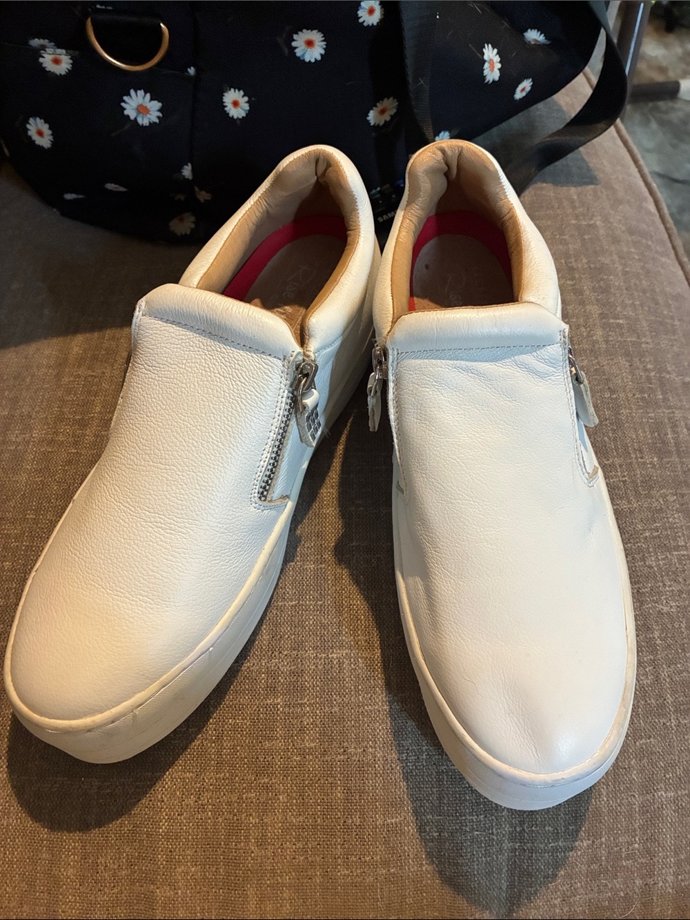 Skechers White Slip-On Leather Loafers with Side Zips
